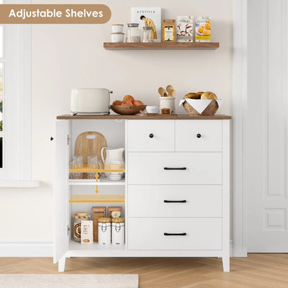 Sideboard – Dressoir – Buffetkast – Keukenkast – Halmeubel – Wit Met Bruine Accenten – 5 Laden en 1 Deur – Duurzaam MDF – Ruim Werkblad 100x40 cm