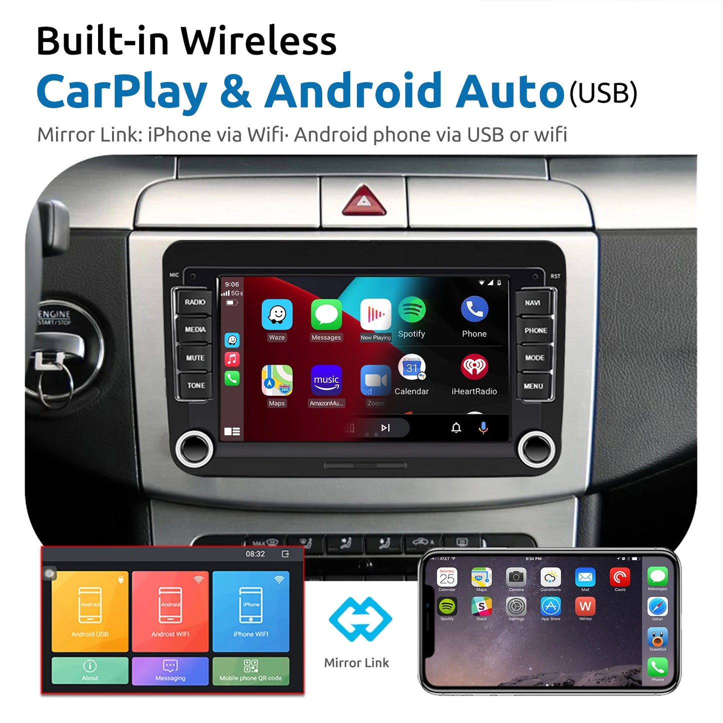 Multimedia Autoradio - Android Autoradio - Draadloze - Universeel Multimedia Systeem - CarPlay - GPS Navigatie - Bluetooth - 7" - Touchscreen - 64G - QUORE