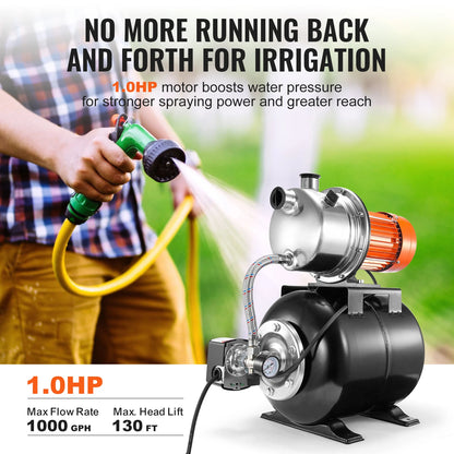 Ondiepe Bronpomp - Tuinpomp - Waterpomp - met 5-Gal Druk Tank - Draagbare Jetpomp - 1320GPH 1.6PK Automatische Waterversterker Pomp voor Tuin en Grond - Elektrische