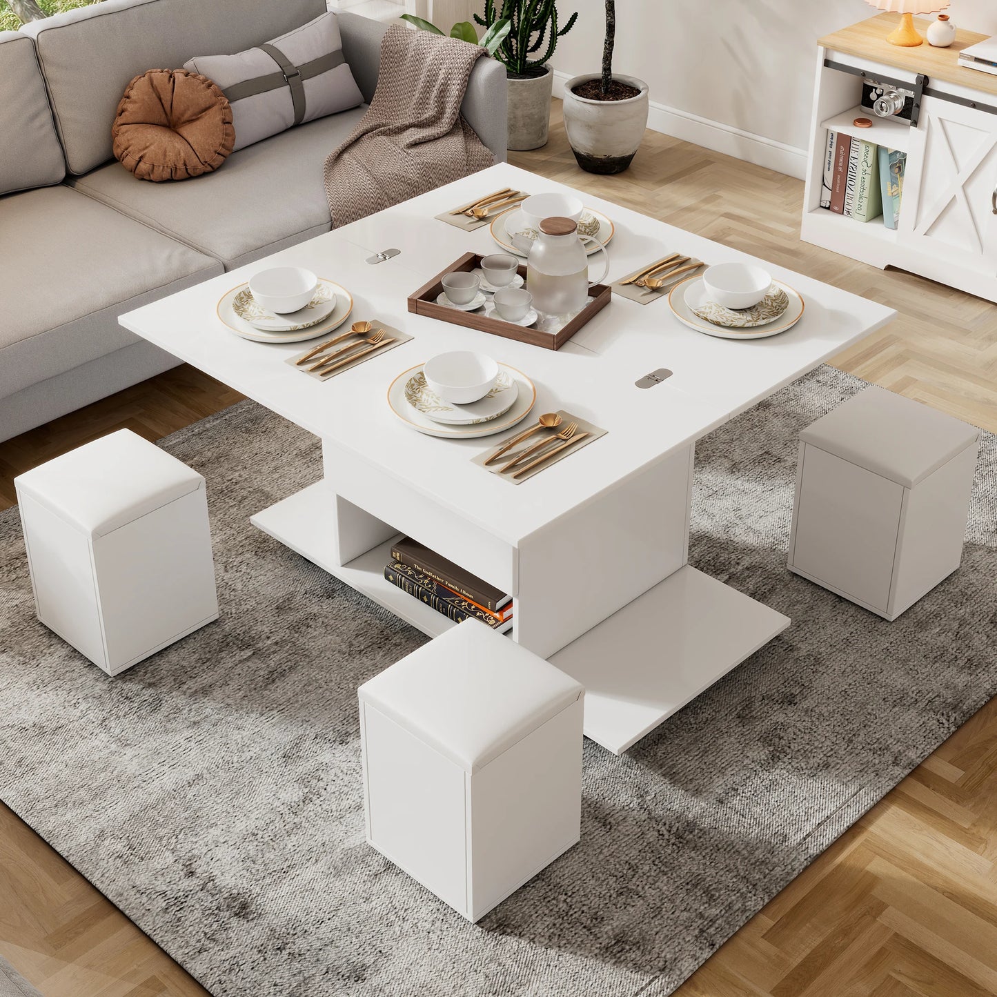Liftable multifunctional coffee table - the desktop can be opened into 2 tables, large capacity, multifunctional table