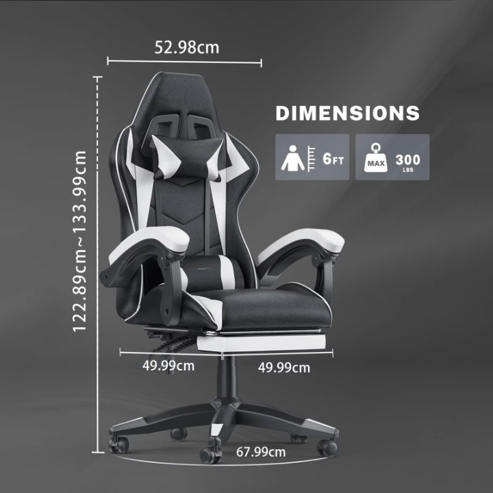 Gaming Stoel - Bureaustoel - Swivel Stoel - met Voetsteun - Hoofdsteun - Verstelbare - Rugleuning - Lendenkussen - Ergonomische - Draaibare - 68 x 50 x 122-144 cm - Wit