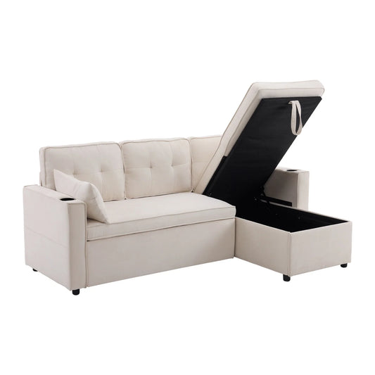 L-vormige Slaapbank – Hoekbank – Bedbank – Slaapbank Met Opbergruimte – 211x130 Cm – Katoen-Linnen Stof – Houten Basis