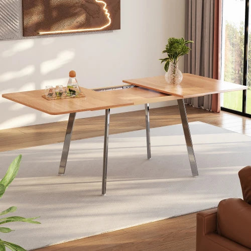 Uitschuifbare Eettafel - Naturel kleur - Zilver verchroomde poten - 140 cm x 80 cm - uitschuifbaar tot 180 cm - sterke legering steunen - geschikt voor 4-6 personen