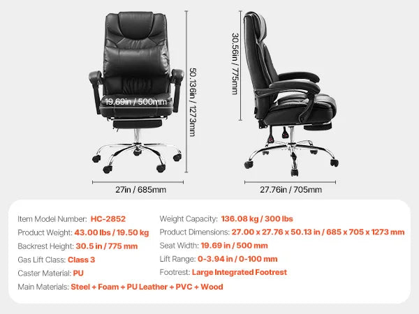 Bureaustoel – Kantoorstoel – Ergonomische Stoel – Gamingstoel – Fauteuil – Verstelbare Rugleuning tot 135° – PU-Leder Met Hoogwaardig Comfort