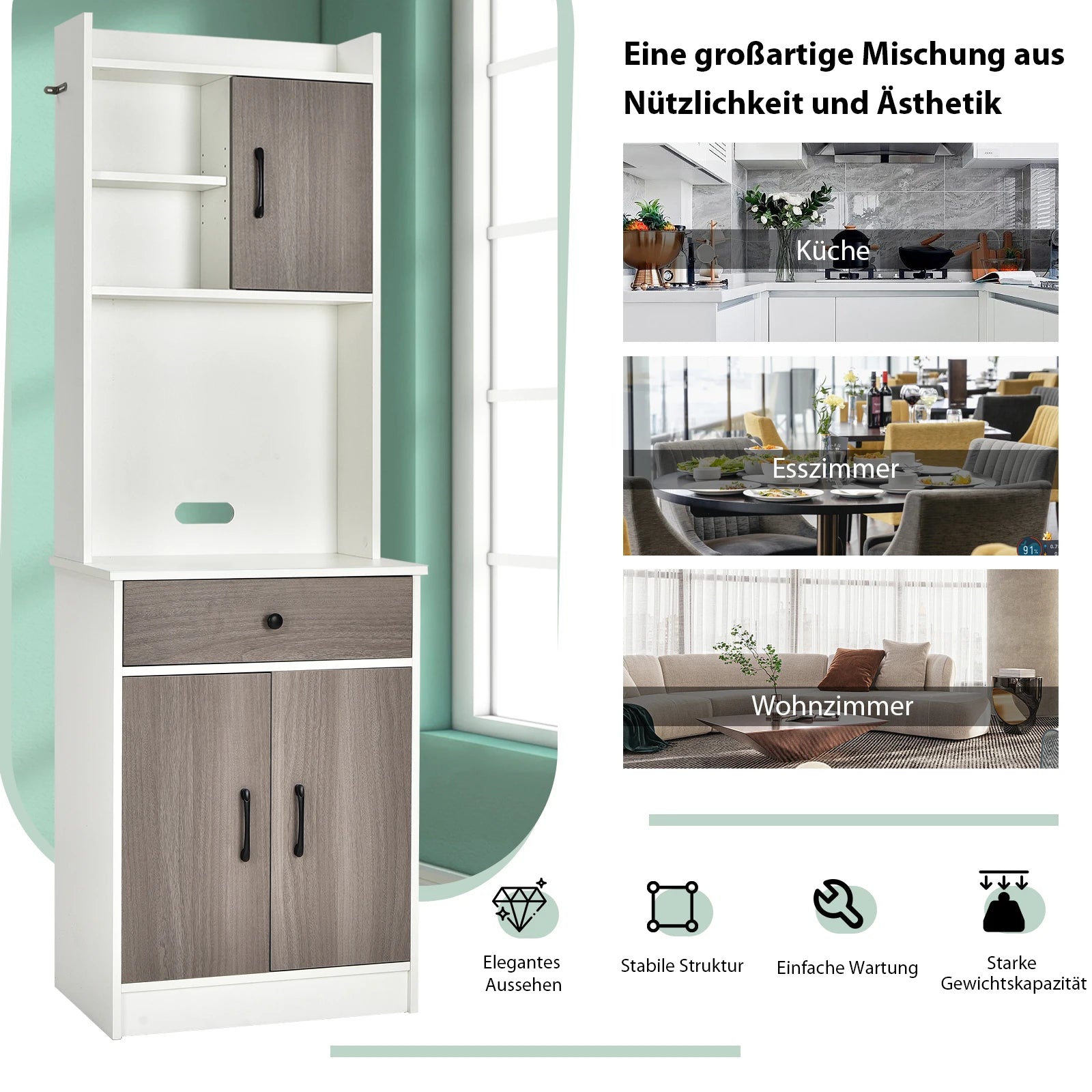 Keukenkast - buffetkast met lade - verstelbare planken en kabelgat - hoge kast keukenhout - grote open ruimte voor magnetron - vrijstaand - 60 x 40 x 180cm - QUORE