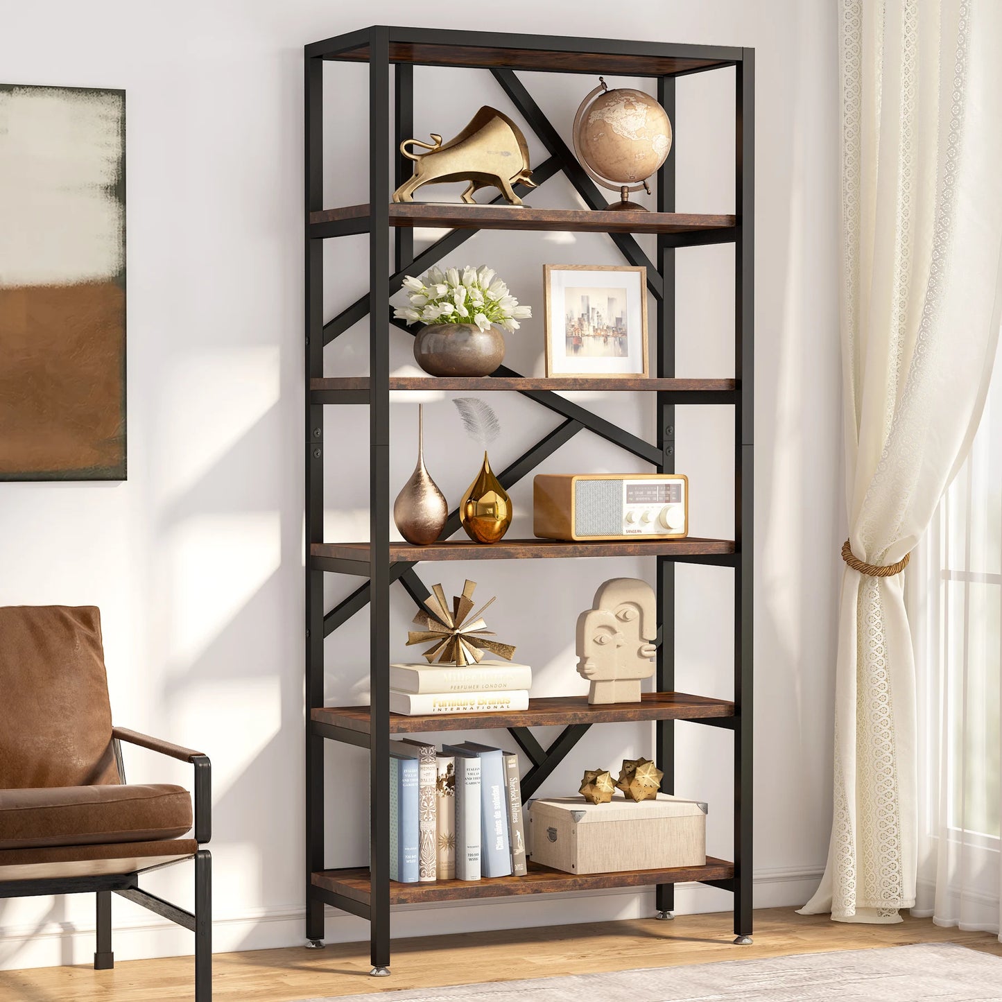 Tribesigns Bookshelf Storage Rack Standing Shelf 5 Tier Industrial Sturdy Bookshelf with Iron Pipe Frame