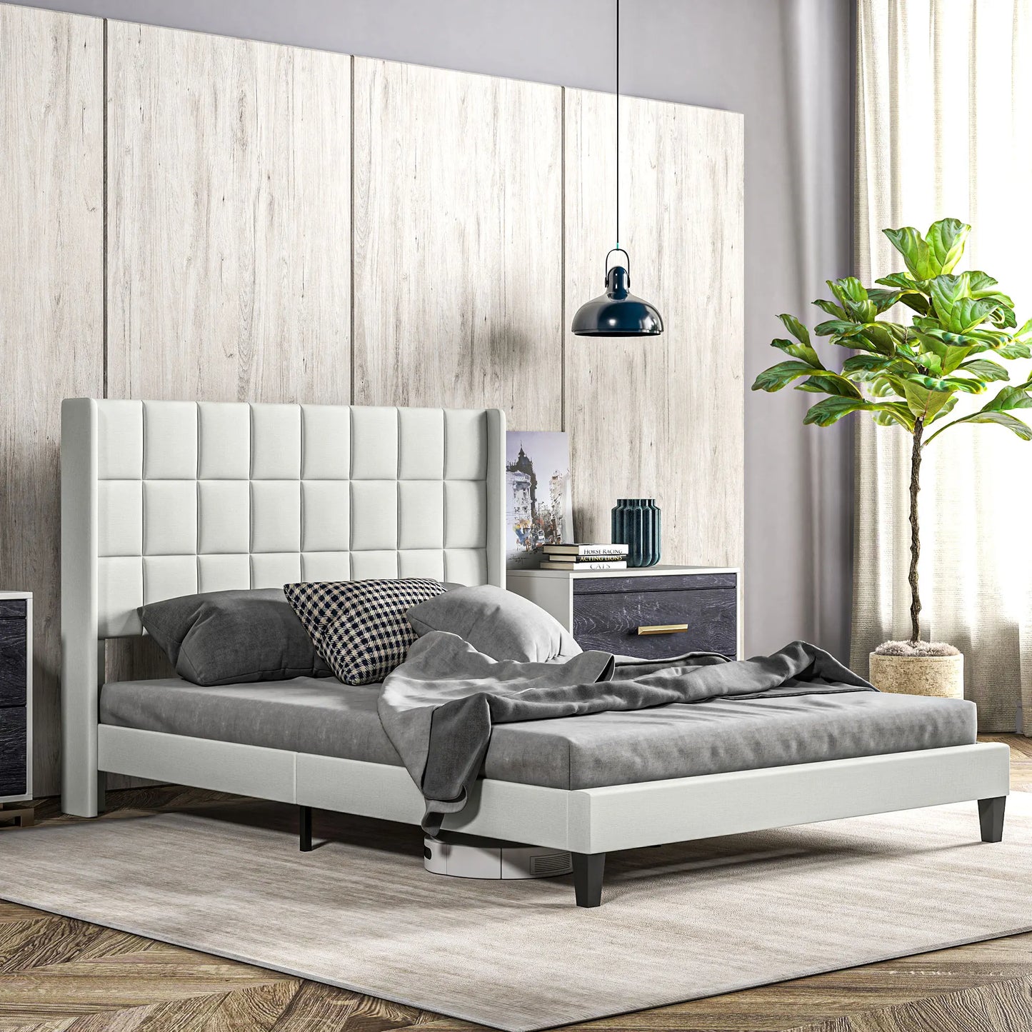 Bedframe – Bed – Tweepersoonsbed – Slaapbank – Ledikant – Beige – Stevig Rubberwood – Met Opbergruimte Onder Bed