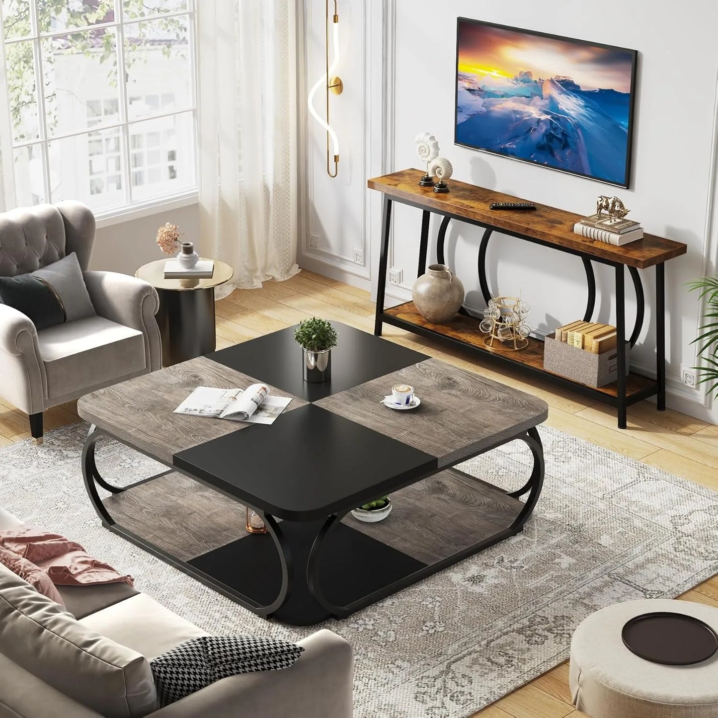 Koffietafel – Salontafel – Bijzettafel – Woonkamertafel – Dubbel Blad – Met Opbergruimte – Met Verstelbare Voetjes - 100 x 100 x 50 cm - Zwart Rustiek Grijs
