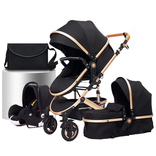 Kinderwagen - Buggy - Baby Kinderwagen 3 in 1 - Opvouwbare - Wandelwagen - Hoog Landschap Babywagen - voor Pasgeborenen - Zwart met Goud