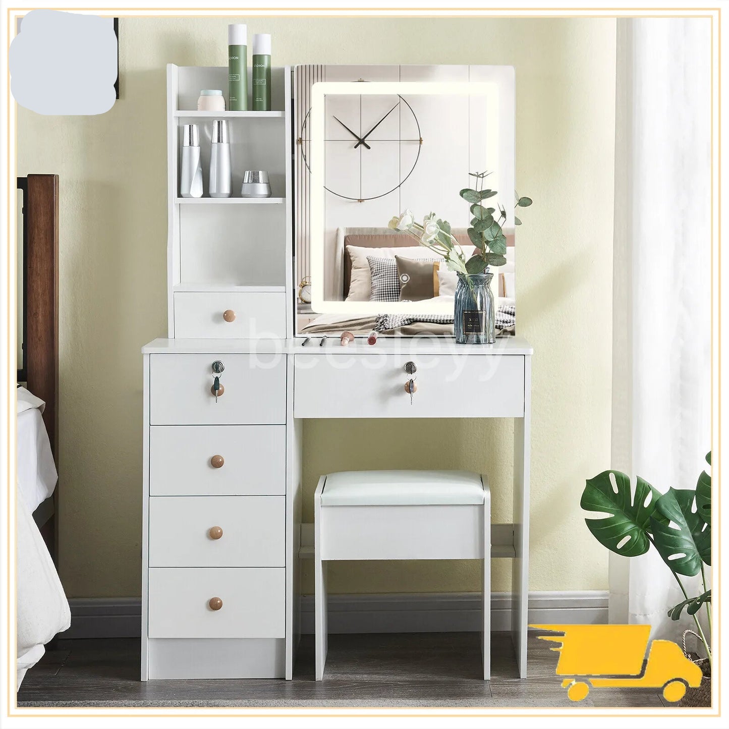 Kaptafel – Make-uptafel – Schminktisch – Vanity – Dressoir – Wit – Met Dimbare LED-Verlichting – Inclusief Comfortabele Kruk