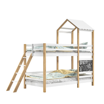 Hoogslaper – Kinderhoogslaper – Huisbed – Speelbed – Bed met veiligheidsrand – MDF en dennenhout – 90x200 cm – Speels ontwerp