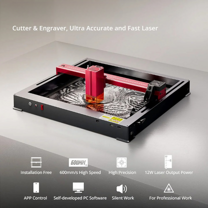 Lasergraveermachine - Graveermachine - Graveerder - Graveerapparaat - met Vaste Focus - 0.02mm Gravure Precisie - 600 mm/s Snelheid - 32-bit Moederbord - Cross Laser Positionering - APP- controle - Unibody Frame - 12W -  365 x 305 mm - Zwart