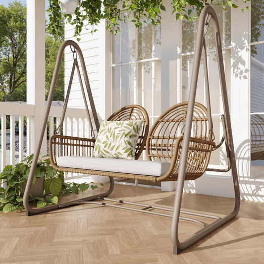 Tuinschommel - Dubbele Schommelbank - Schommelstoel - Tuin - Schommel - 2 Personen - Buiten/Binnen - met Rugleuning – PE Rattan & Metalen Frame – Beige/Geel
