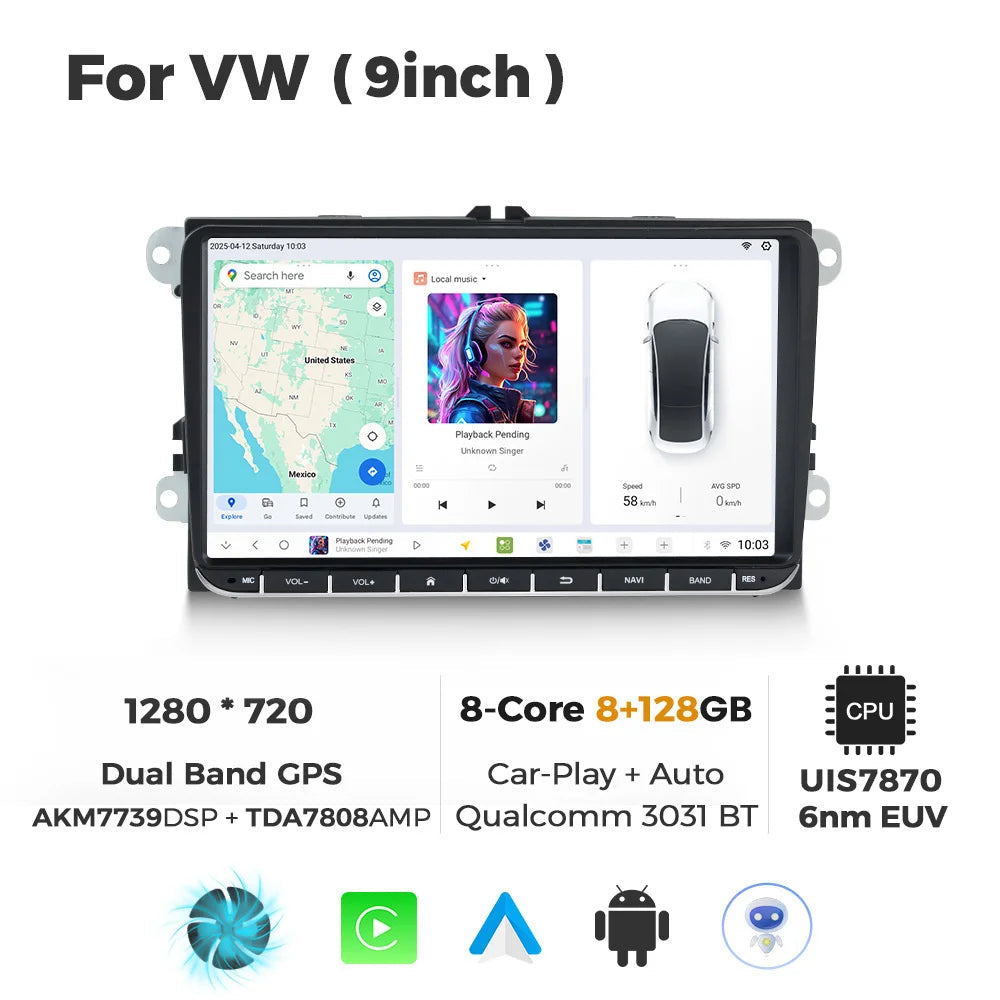 Carplay Autoradio – Android Auto Radio – Multimedia Speler – 2 DIN Radio – Draadloos Verbinden – 9 Inch Touchscreen – 12GB RAM & 128GB Opslag