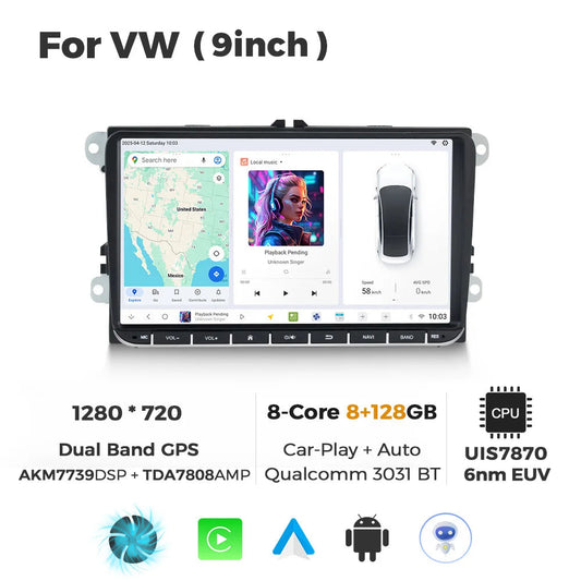 Carplay Autoradio – Android Auto Radio – Multimedia Speler – 2 DIN Radio – Draadloos Verbinden – 9 Inch Touchscreen – 12GB RAM & 128GB Opslag
