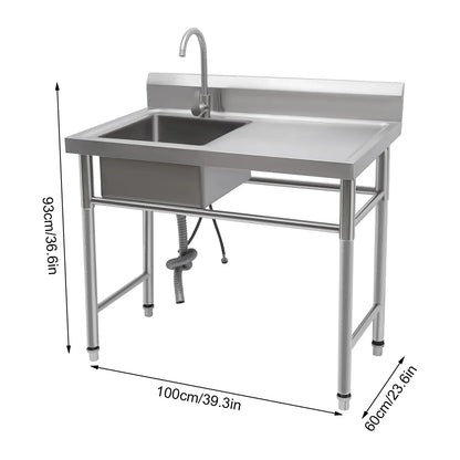 RVS Spoeltafel – Roestvrijstalen Werktafel – Industriële Wasbak – Keukentafel RVS – Vaatsteen RVS – Duurzaam 201 RVS – 360° Draaibare Kraan – Extra Diep Bassin 100x60x93 cm