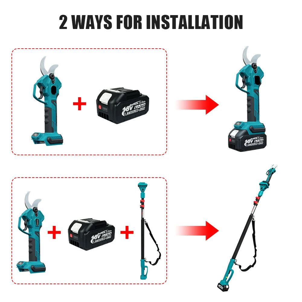 50mm Snoeischaar - Takkenschaar - Tuingereedschap - Snoeizaag - Borstelloos & Draadloos - Inclusief 6 + 8inch Kettingzaag - Takkenzaag - Handzaag - Efficiënte Elektrische Pruner voor Bomen & Bonsai – met 1x5.0Ah Batterij