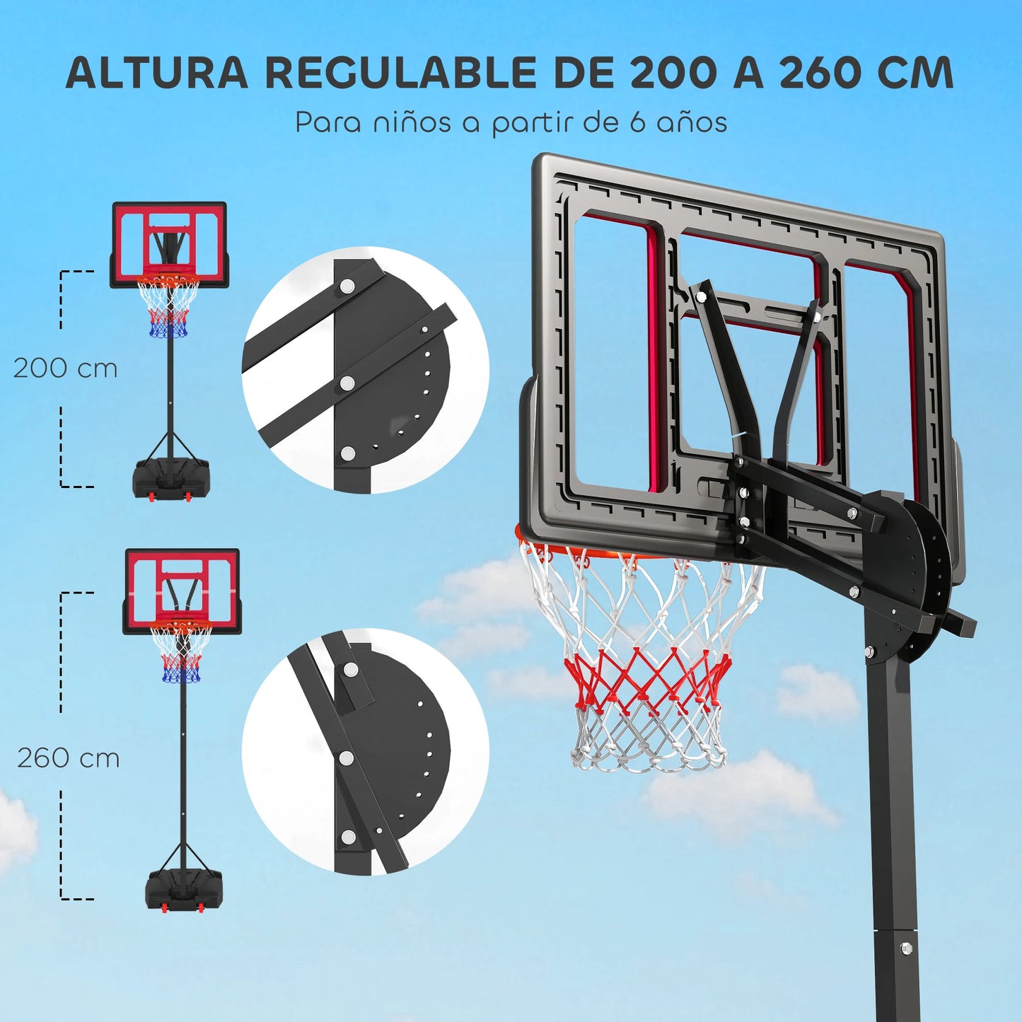 Basketbalring – Basketbalset – Basketbalbord – Verstelbare Basketbalring – Instelbare Hoogte 200-260 Cm – Stevige Basis Met Wieltjes - QUORE