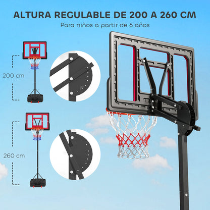 Basketbalring – Basketbalset – Basketbalbord – Verstelbare Basketbalring – Instelbare Hoogte 200-260 Cm – Stevige Basis Met Wieltjes - QUORE