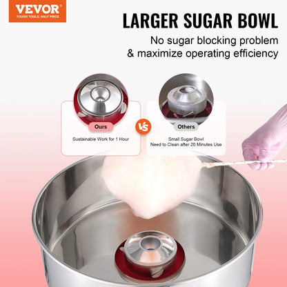 VEVOR 1000W Electric Cotton Candy Machine Commercial Candy Floss Maker with Stainless Steel Bowl Sugar Scoop and Drawer Red Blue