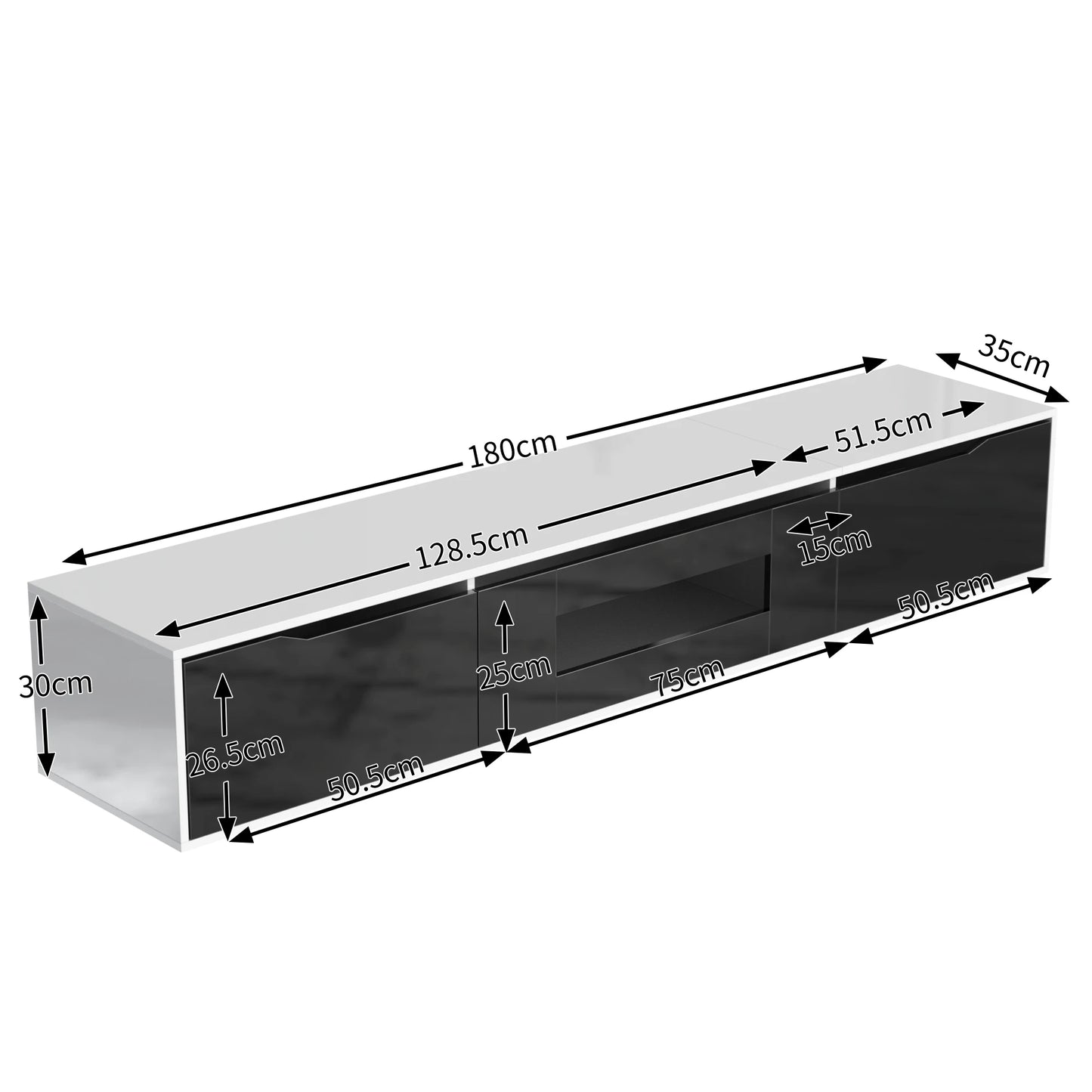 Modern TV-meubel – TV-kast – TV-dressoir – TV-standaard – Media meubel – Zwart-wit hoogglans – Ingebouwde 16-kleuren LED-verlichting – 180 x 30 x 35 cm