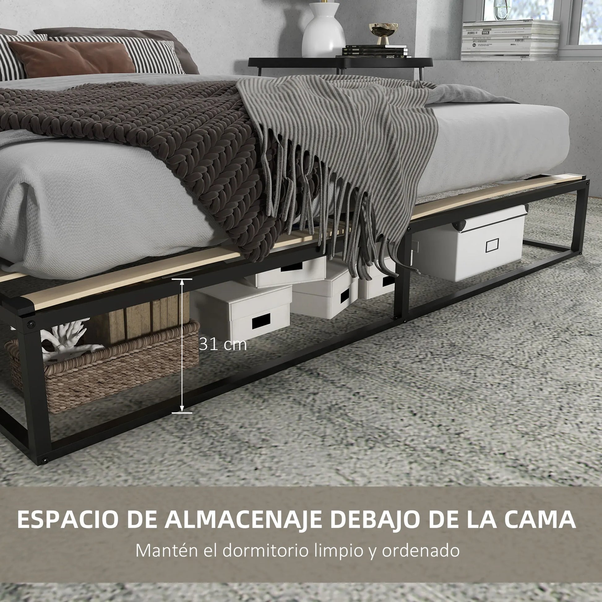 Bedframe – Tweepersoonsbed – Platformbed – Slaapbank – Boxspring – Industrieel Design – Stalen Frame - 200x180x25 cm - Zwart - QUORE