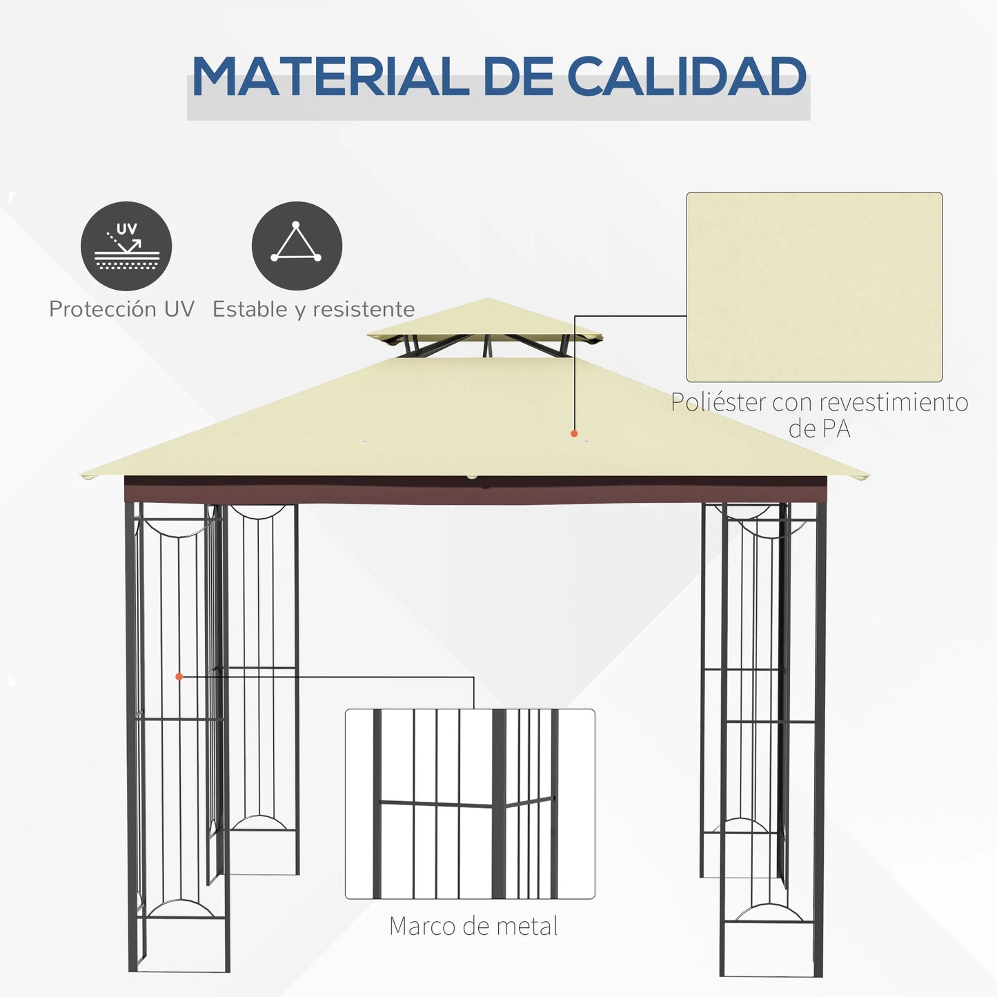 Prieel - Tuinprieel - Tuin Paviljoen - Luxe Garden Paviljoen 3x3m - Met Dubbele Ventilatiedak & Zonnedoek - Beige - 297x297x265 cm - QUORE