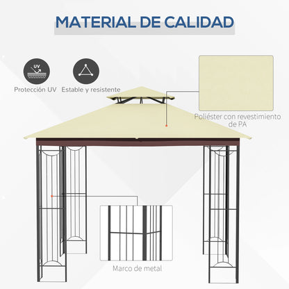 Prieel - Tuinprieel - Tuin Paviljoen - Luxe Garden Paviljoen 3x3m - Met Dubbele Ventilatiedak & Zonnedoek - Beige - 297x297x265 cm - QUORE