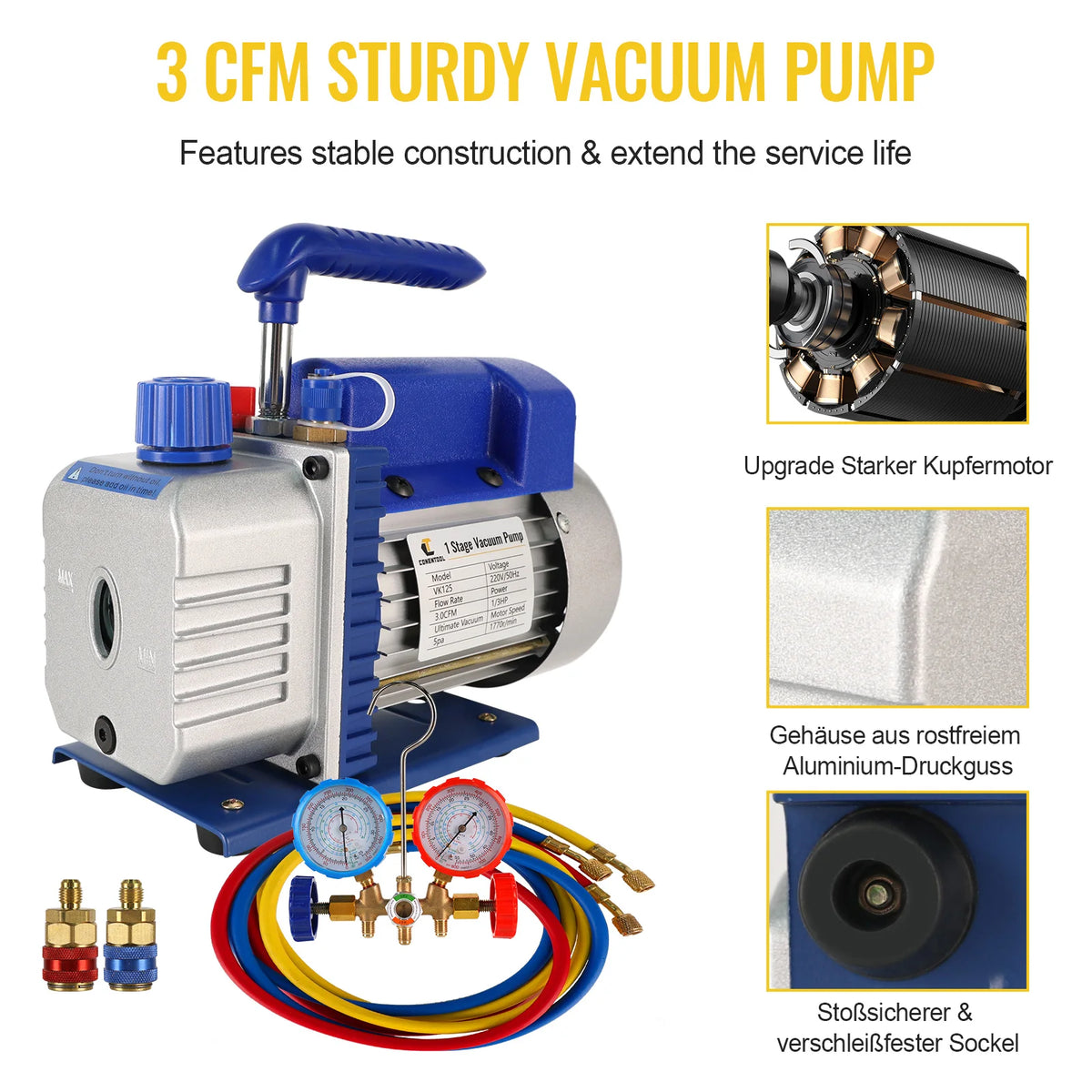 Vacuümpomp - Koelmiddel vacuümpomp - Koelgereedschap - HVAC-koeling - 3CFM - 2-traps - 1/2 pk - met meter - Blauw