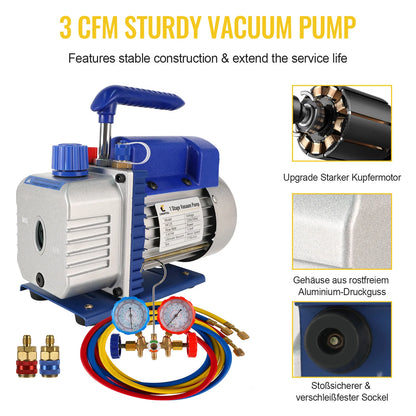 Vacuümpomp - Koelmiddel vacuümpomp - Koelgereedschap - HVAC-koeling - 3CFM - 2-traps - 1/2 pk - met meter - Blauw