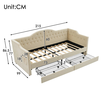 Slaapbank – Bedbank – Logeerbank – Bedbank Met Opbergruimte – Beige Fluwelen Slaapbank 90x200 cm – Met USB Type-C Oplaadpoort – Inclusief 2 Lade Opbergruimtes