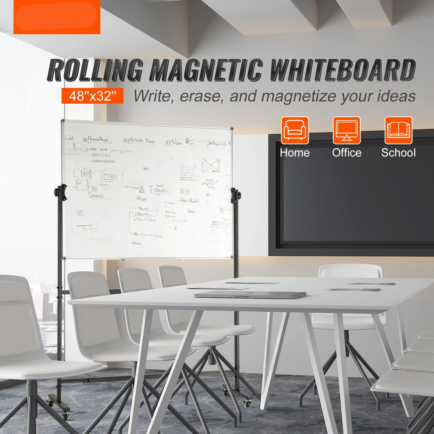 Mobiele Whiteboard – Magnetisch Bord – Draaibaar Whiteboard – Verplaatsbaar Whiteboard – Schoolbord – Dubbelzijdig Beschrijfbaar – Verstelbare Hoogte & Hoek - 48x32inch