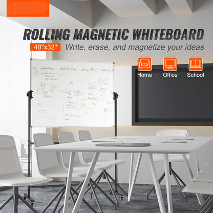 Mobiele Whiteboard – Magnetisch Bord – Draaibaar Whiteboard – Verplaatsbaar Whiteboard – Schoolbord – Dubbelzijdig Beschrijfbaar – Verstelbare Hoogte & Hoek - 48x32inch