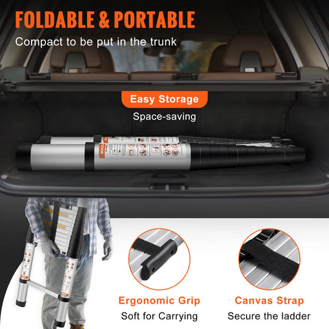 Vevor - Stepladder - Telescopic Ladder - Aluminum - One Button Retractable Extension - 375 LBS - 10.5 ft - Capacity - Non-Slip - Silver