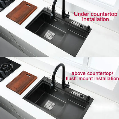 High and low kitchen sink With knife holder Cutting board rack stainless steel pia Matte black sink vegetable washing basin