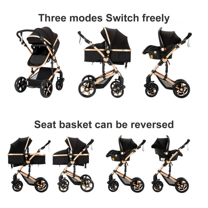Multifunction 3 in 1 Baby Stroller with Car Seat and Sleeping Basket Baby Pram Lightweight Infant Pushchair Compact Folding Pram