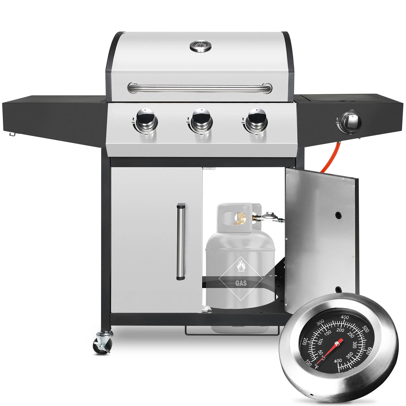 Gasbarbecue – Buitenbarbecue – BBQ Grill – 3 Pits – Zijbrander 10.000 BTU – RVS Branders – Gietijzeren Grillroosters - QUORE