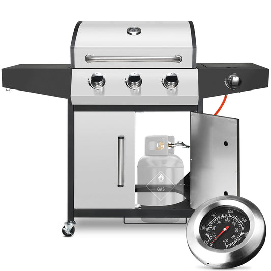 Gasbarbecue – Buitenbarbecue – BBQ Grill – 3 Pits – Zijbrander 10.000 BTU – RVS Branders – Gietijzeren Grillroosters - QUORE