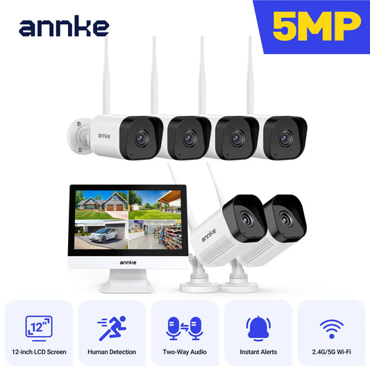 ANNKE 5MP  Wireless Security Cameras Kit Outdoor Waterproof 10CH NVR 12 inch Monitor with IP Camera Surveillance CCTV System Set