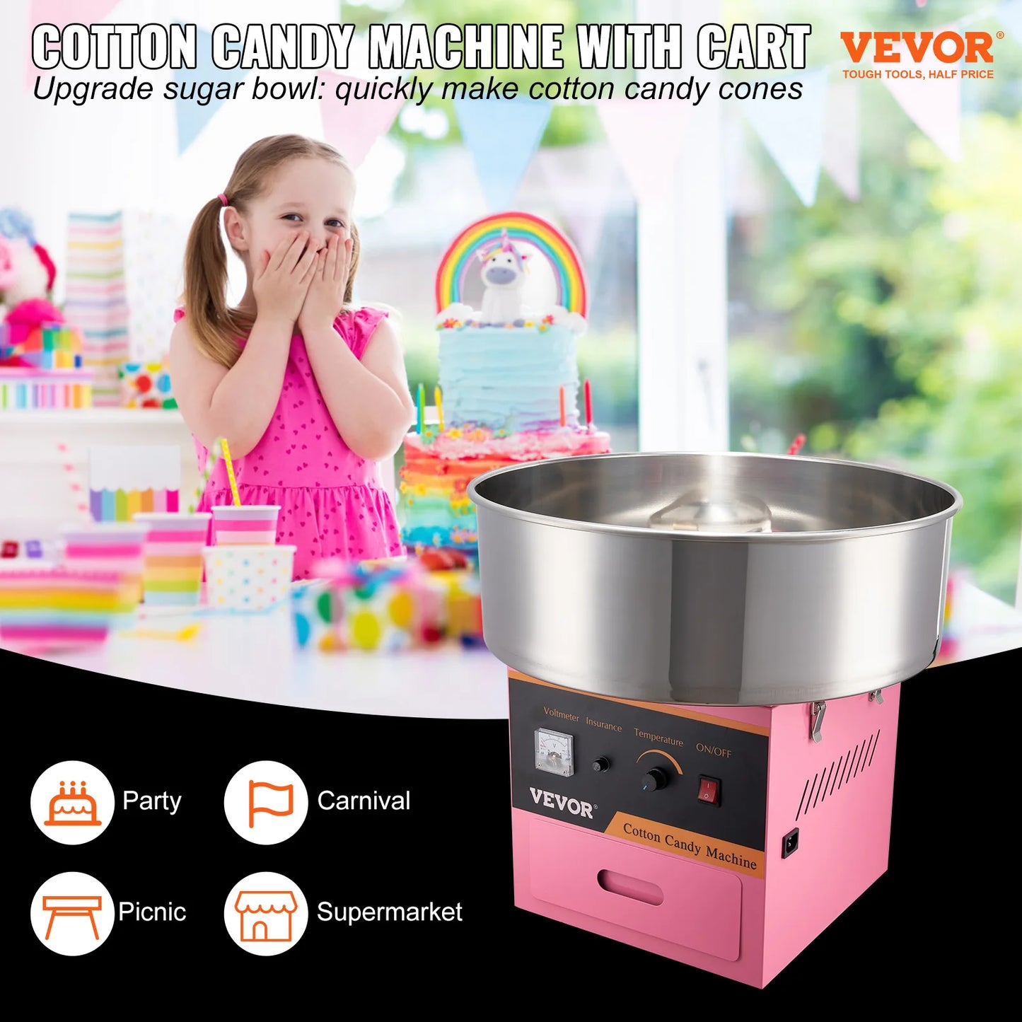 Suikerspinmachine – Suikerspin Maker – Suikerwolkenmaker – Feestmachine – Kermismachine – 500 Watt Motor – RVS Kom