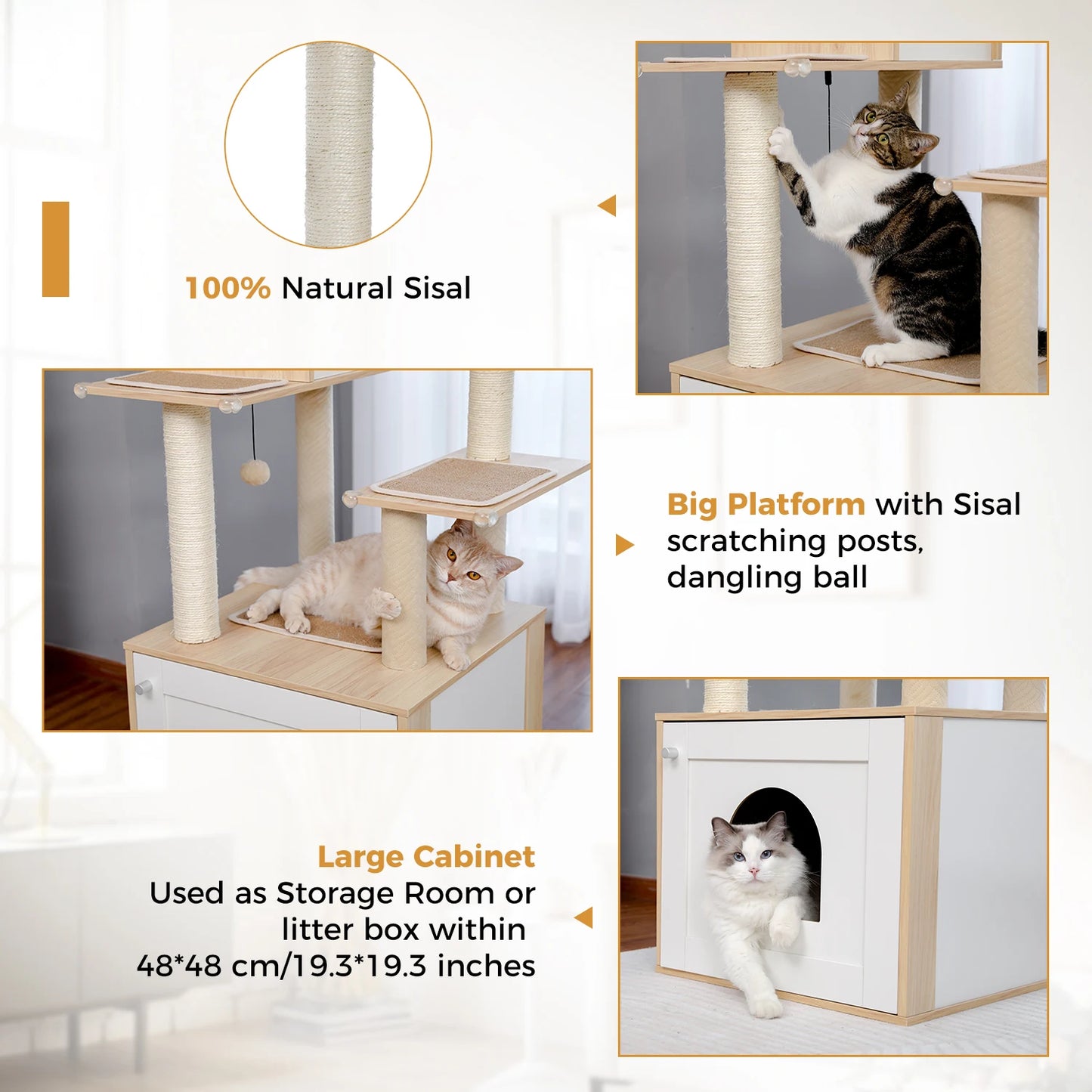 Kattenboom - met Kattenbak Kast – Houten - met Opslagkast - Kattenhuisje - en Sisal Krabpalen – Grote Kattenmeubel voor Binnen – Stabiel en Multifunctioneel - Meerdere Verdiepingen - Arbre a Chat - Zwart - QUORE
