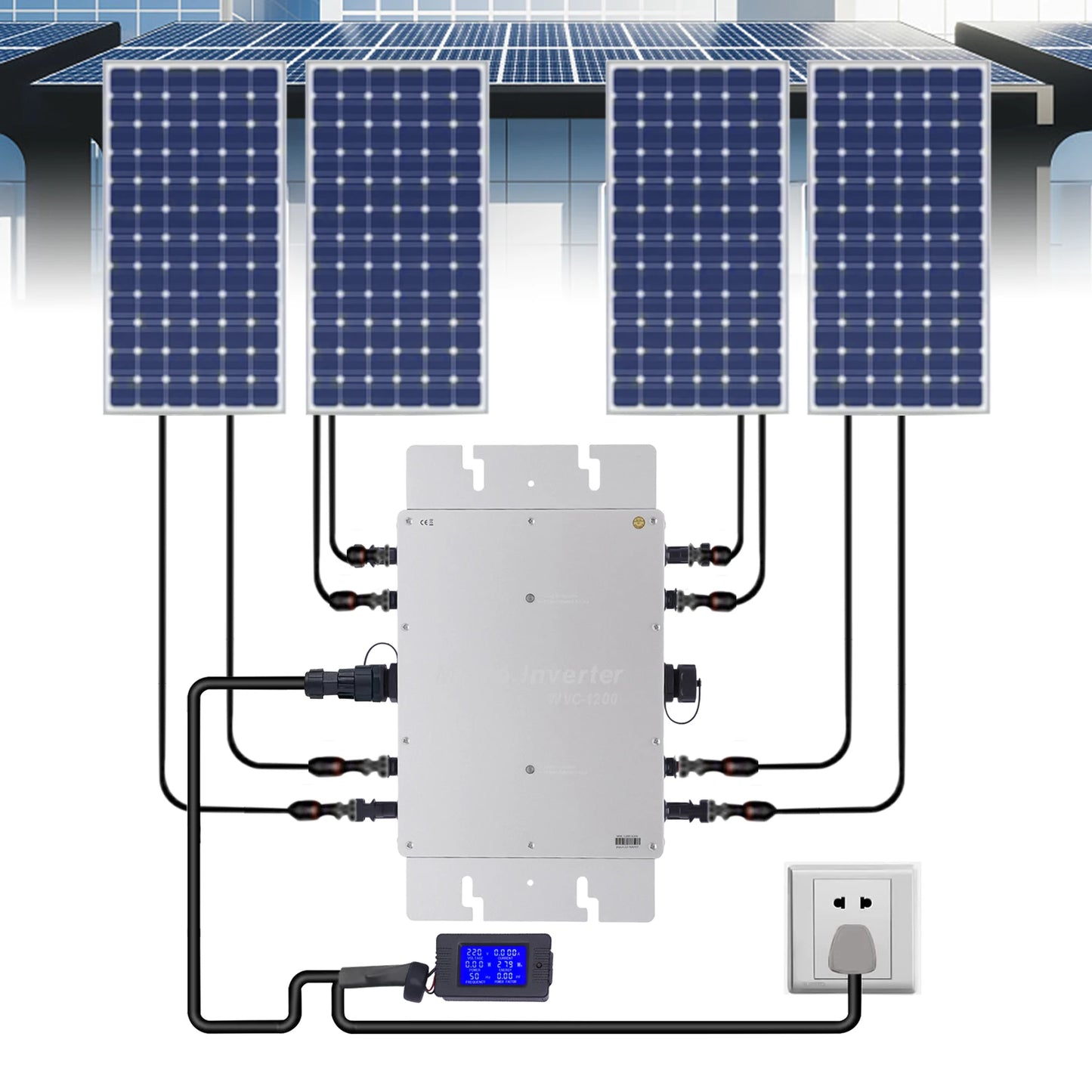 WVC-1200W Solar Grid Tie Micro Inverter IP65 Waterproof MPPT 220V Solar Microinverter DC22-50V for 30V/36V Solar Panels, EU Plug - QUORE