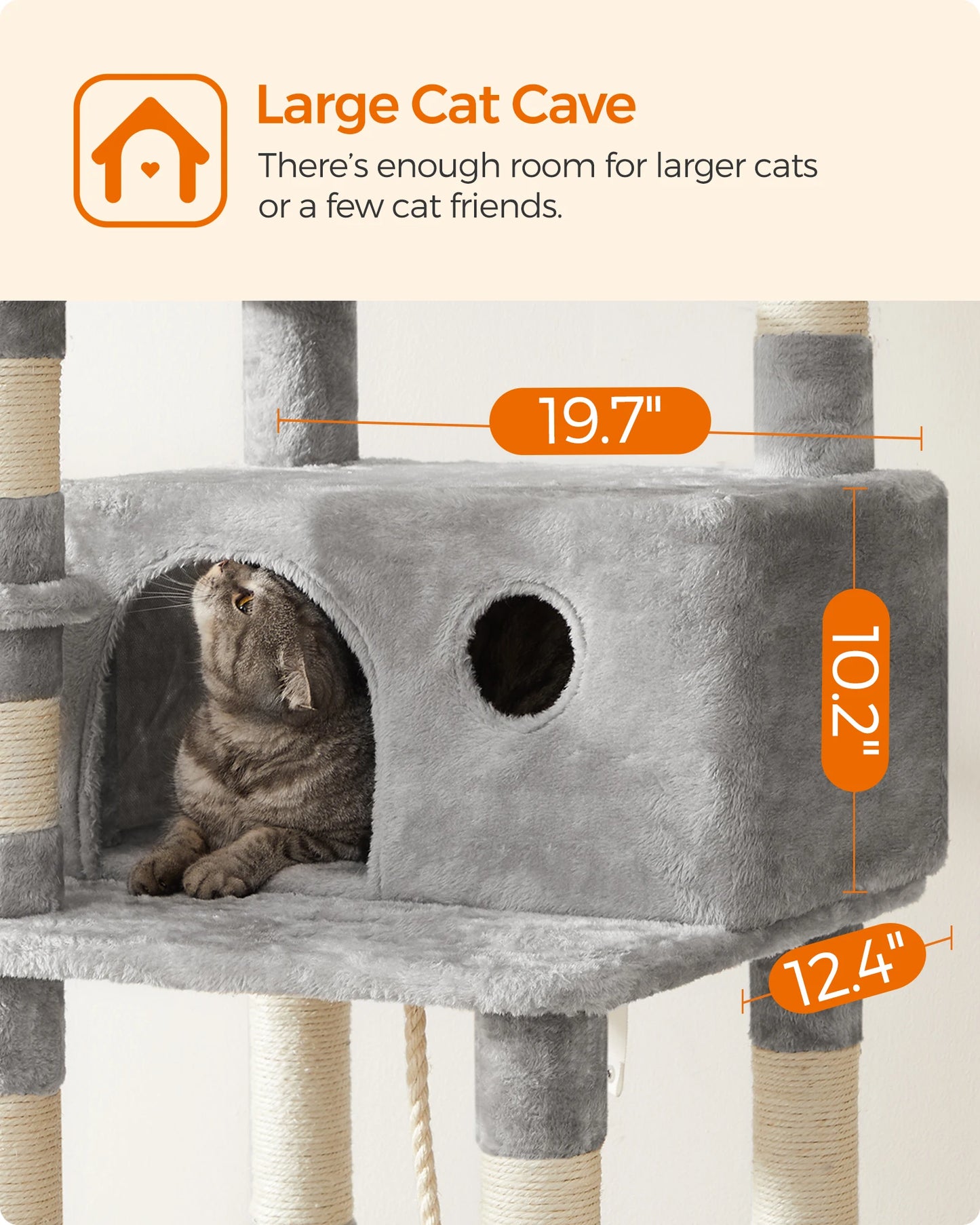 Krabpaal - Kattenboom - met Grote Cave - Arbre a Chat - 3 Platforms - XL - 164 cm - Meerdere Verdiepingen - Krabplank - en Sisal Riem - Stabiel - Geschikt voor 3 Katten - Houten Constructie - Lichtgrijs