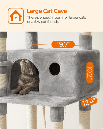 Krabpaal - Kattenboom - met Grote Cave - Arbre a Chat - 3 Platforms - XL - 164 cm - Meerdere Verdiepingen - Krabplank - en Sisal Riem - Stabiel - Geschikt voor 3 Katten - Houten Constructie - Lichtgrijs