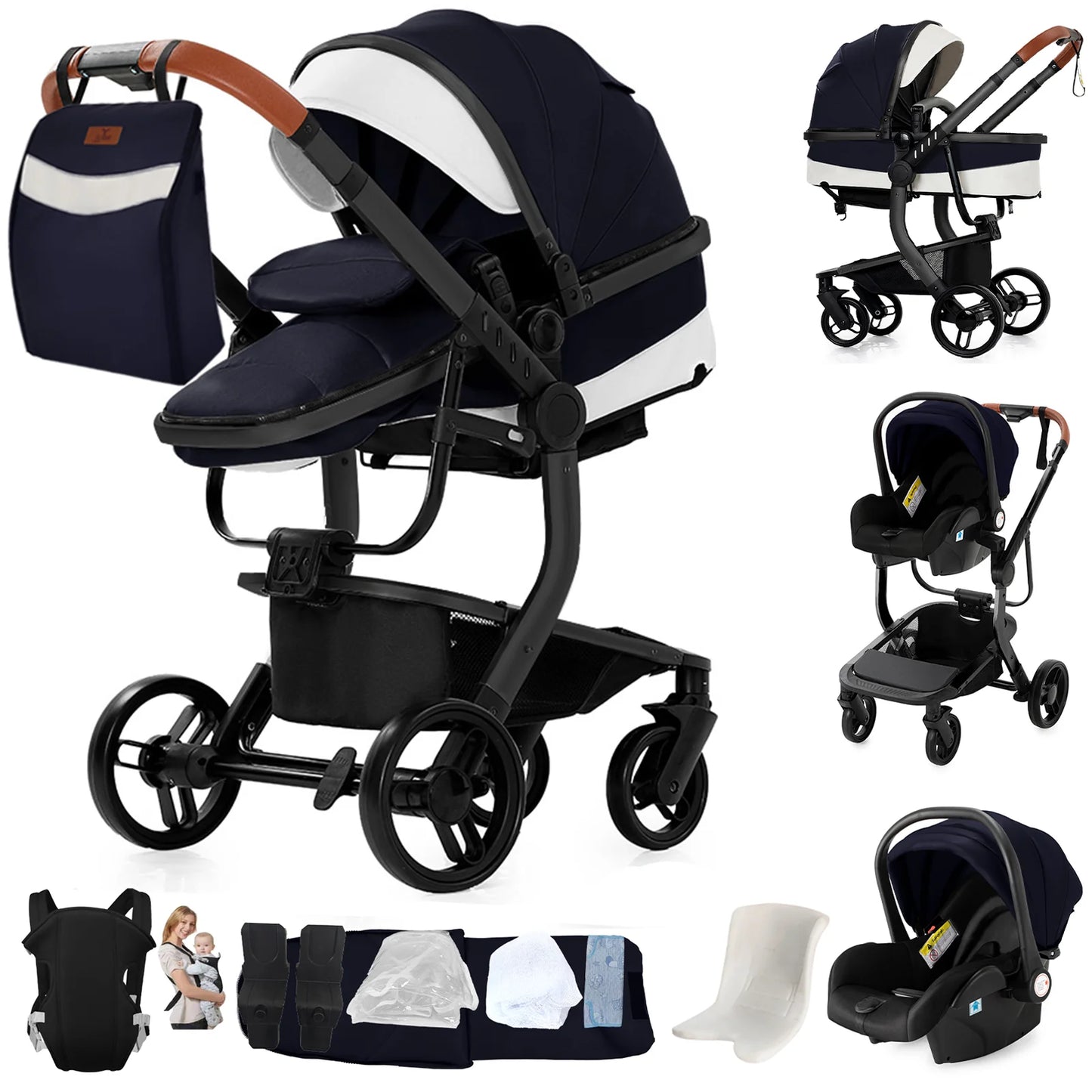 3 in 1 Baby Stroller Leather Waterproof Travel System Pushchair Reclining Seat Infant Carriage with Car Seat High Landscape Baby