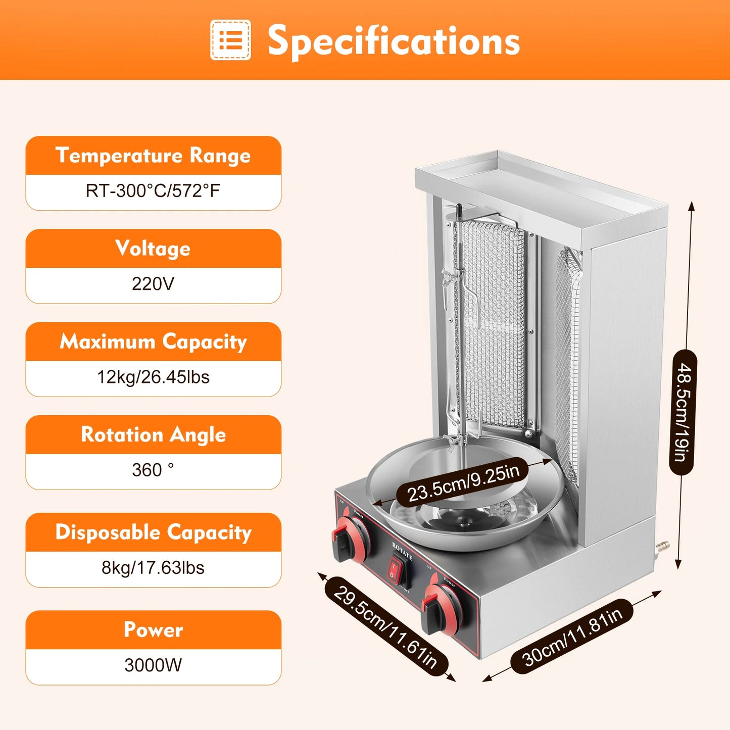 Gasdoner Kebab Machine – Doner Kebab Grill – Shawarma Grill – Kebab Grill – 3000W Infrarood – 8 Kg Capaciteit
