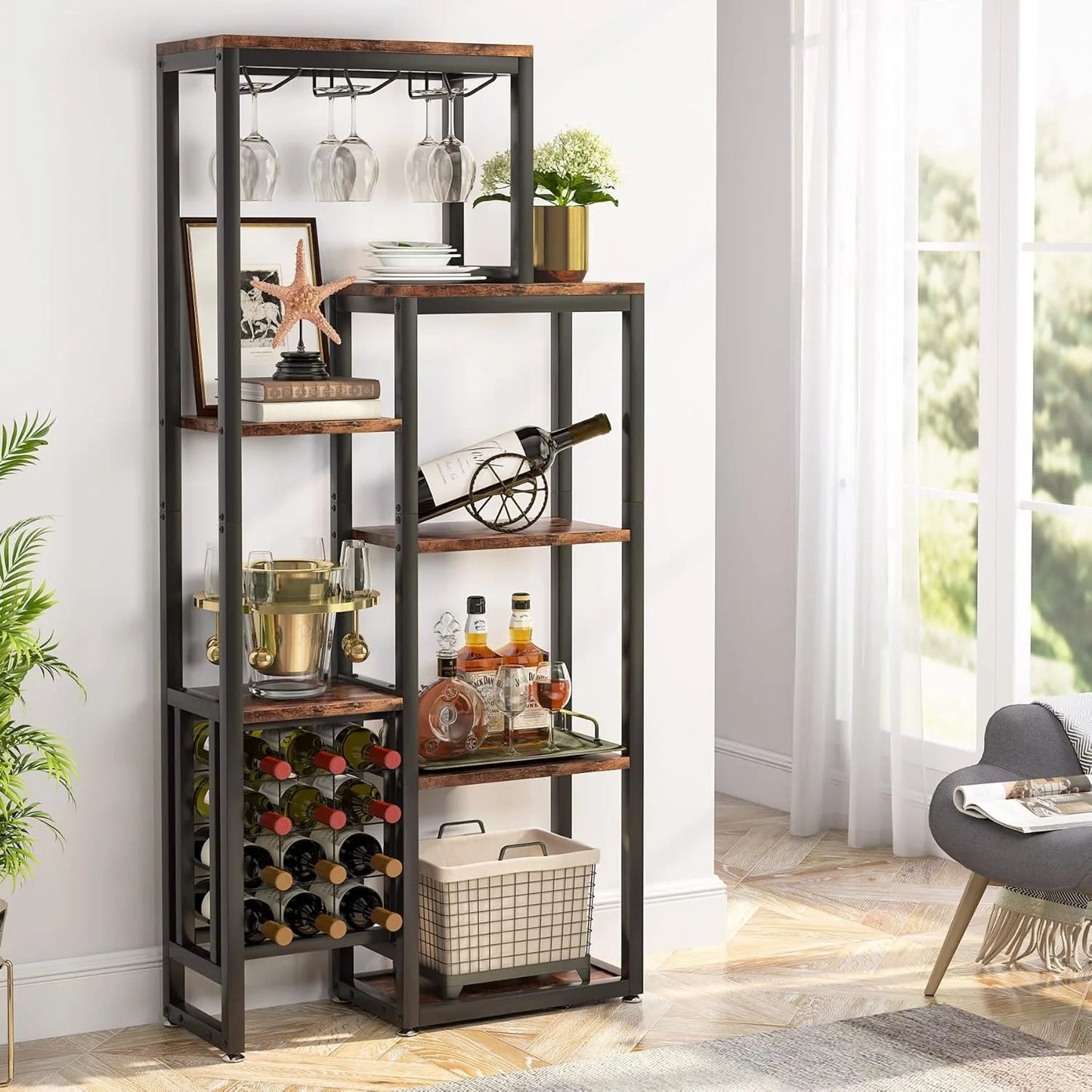 Wijnrek Industrieel – Drankkast van Hout en Metaal – Wijnkast met Wijnglashouders & Flessenhouders – 175 x 80 x 31,5 cm – Stijlvol en Functioneel