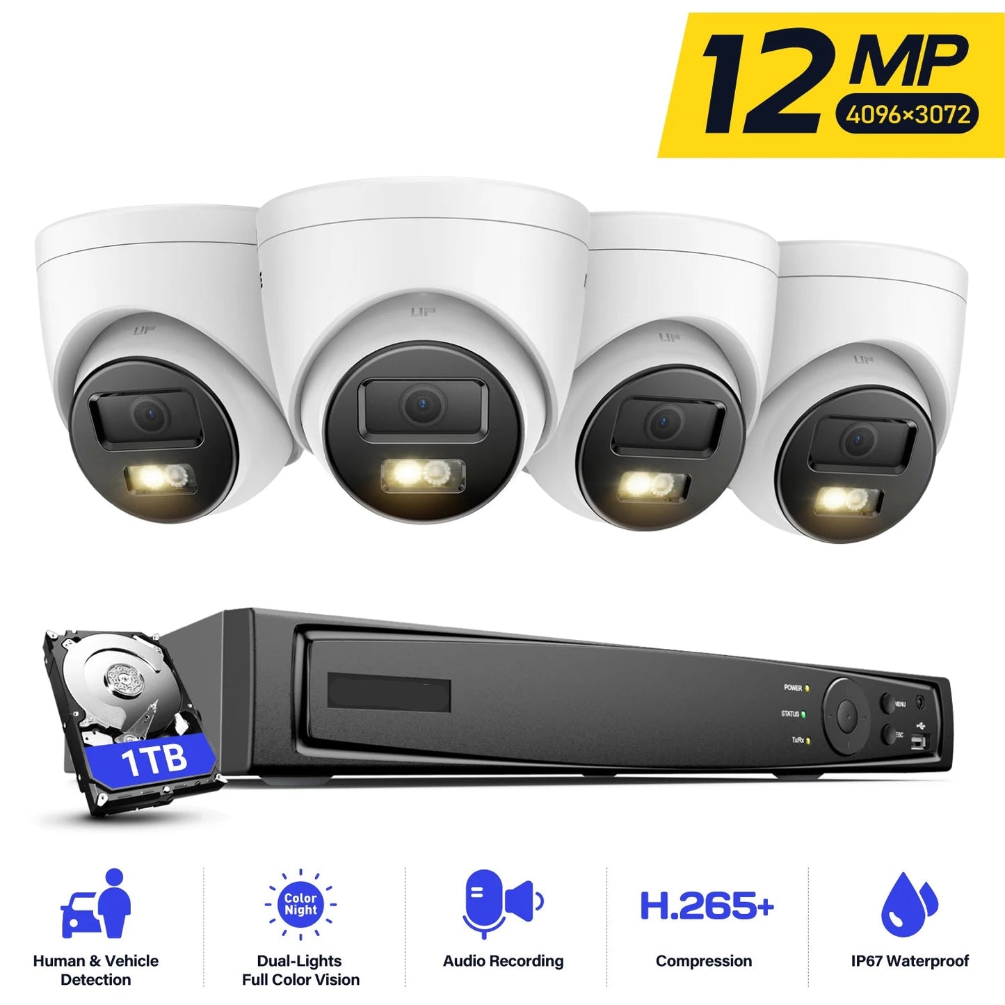 12MP Dual Light Bewakingsset – Beveiligingscamera Set – IP Camera Systeem – PoE Camera Kit – NVR Recorder Met 1TB HDD – Nachtzicht Met Microfoon – Mens & Voertuig Detectie