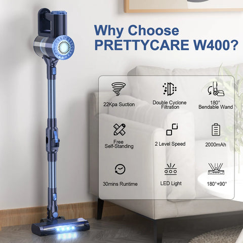 PrettyCare - Steelstofzuiger - Snoerloze stofzuiger - 25KPA - 1,2L capaciteit - Zakloos - HEPA - 160W - 180° buigbaar - Blauw