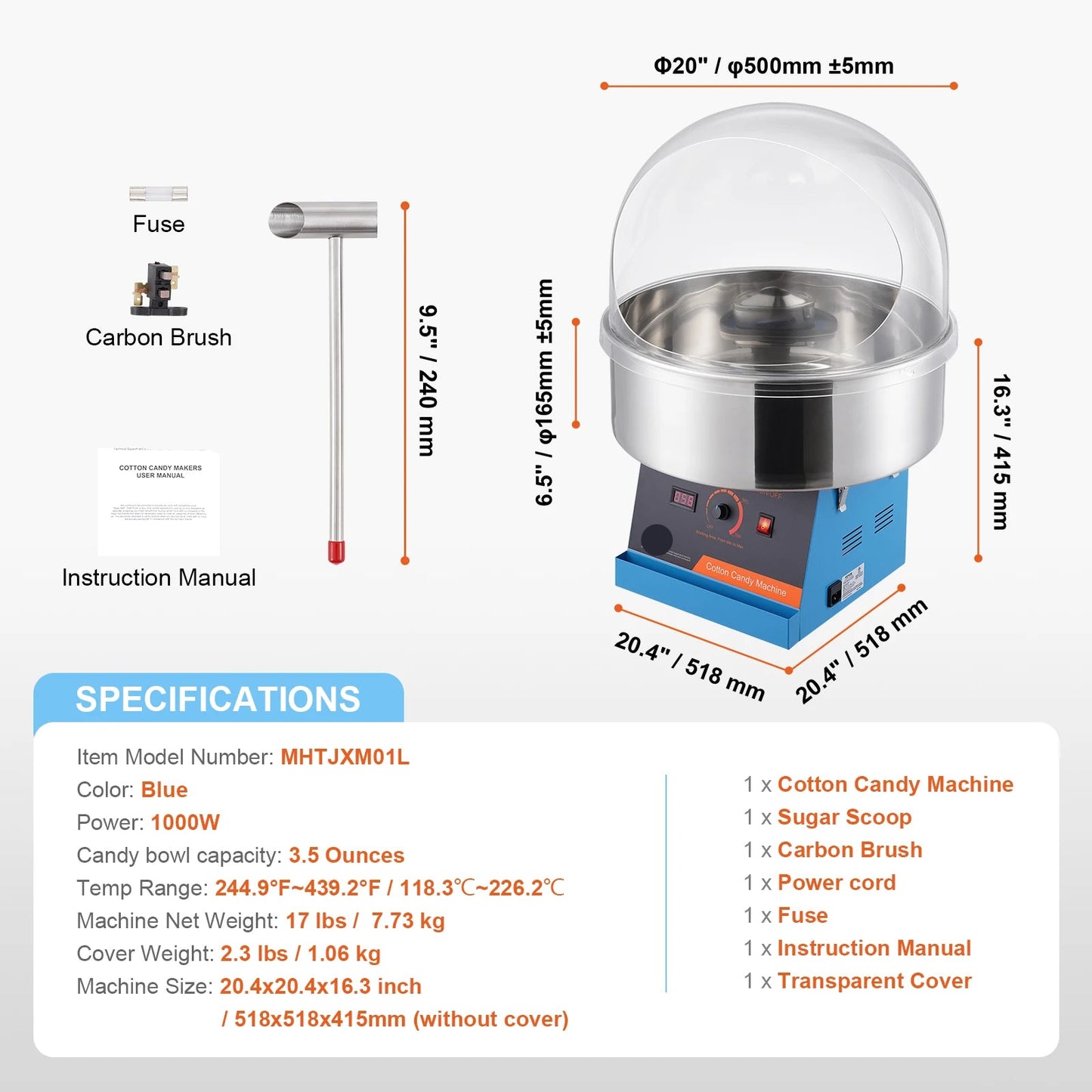 Suikerspinmachine Elektrisch - Suikerspinmachines - Mini Suikerspin - Suikerspinmaker - 1000W - RVS Kom - Instelbare Temperatuur - Suikerschep Inclusief – Voor Feest - Kermis & Evenementen - Blauw met Hoes